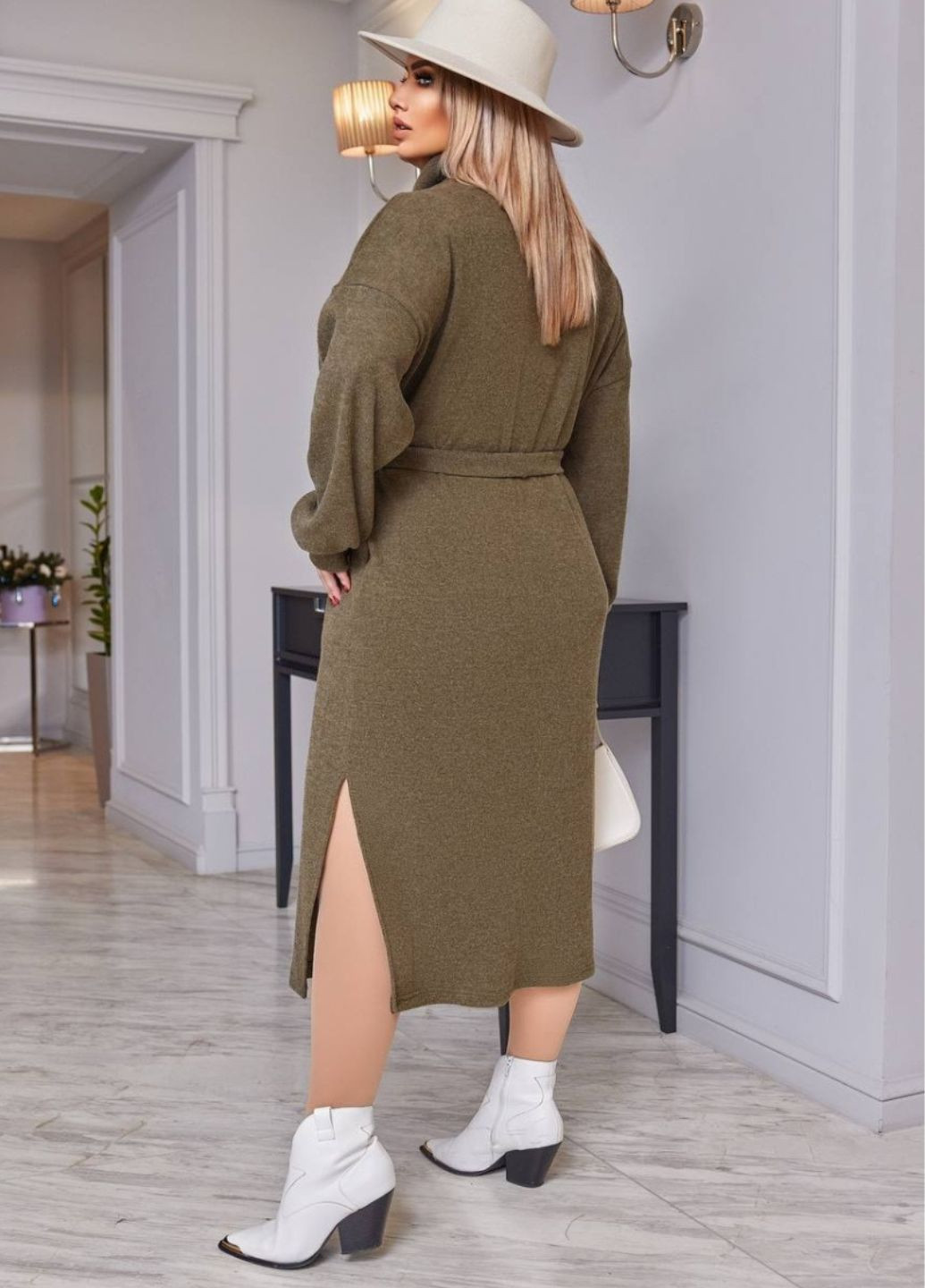 Оливковое (хаки) повседневный платье свободного кроя с поясом платье-свитер No Brand однотонное