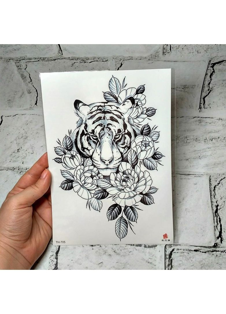 Флеш тату тимчасове татуювання на тіло аркуш 21х15 см Тигр в квітах No Brand (349824103)