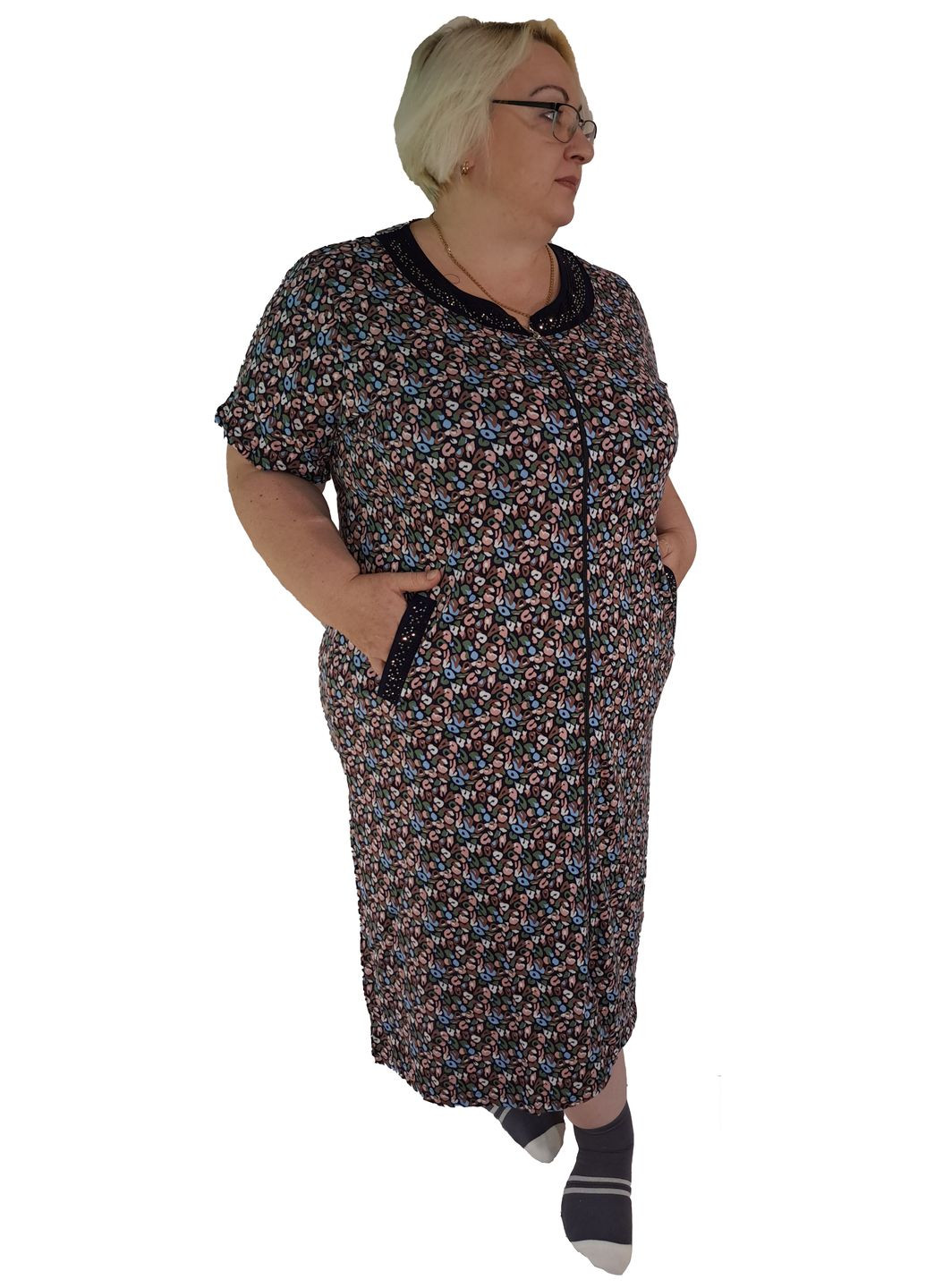 Халат легкий жіночий бавовняний з різнокольоровими овалами на чорній основі розмір No Brand (356727784)