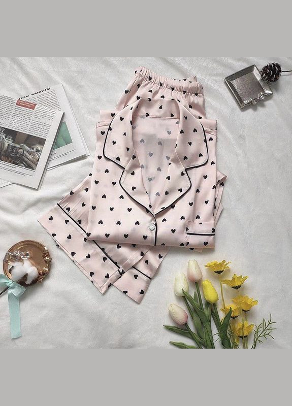 Світло-рожева всесезон атласна зручна піжама сорочка з брюками для дому декорована чорними серцями колір світло-рожевий сорочка + брюки No Brand Love Morning