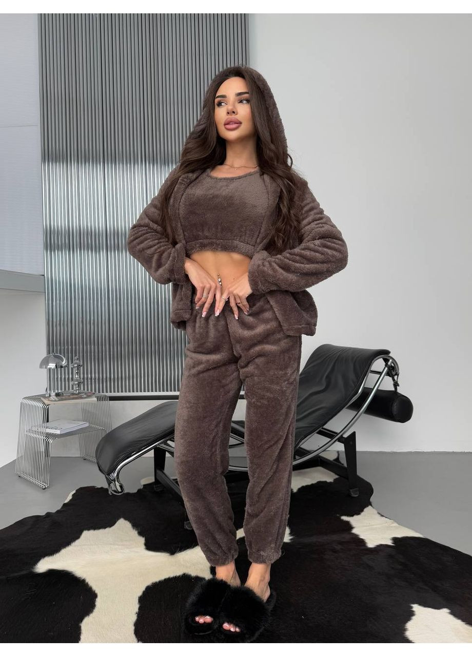 Коричневий зимній жіночий домашній махровий костюм 3-ка коричневого кольору 35771 Fashion