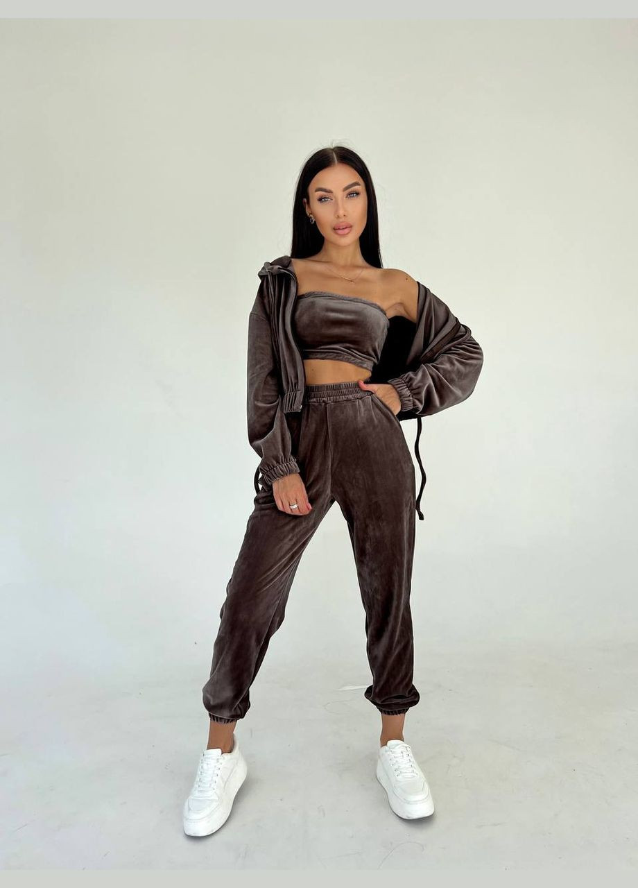 Костюм жіночий трійка велюровий джогери, топ та кофта Adelante (316513772)