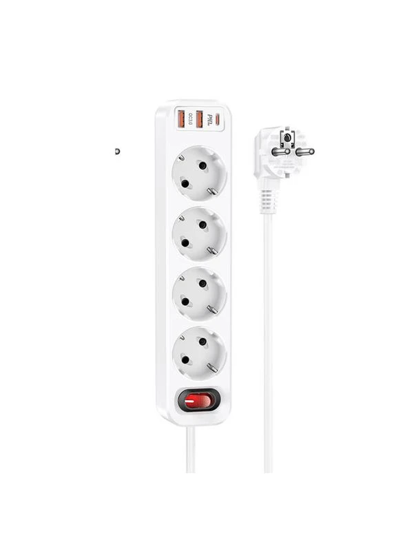 Сетевой фильтр удлинитель NS1 Aura 4-bit 2+1 порты USB + 4 розетки белый Hoco (400719333)