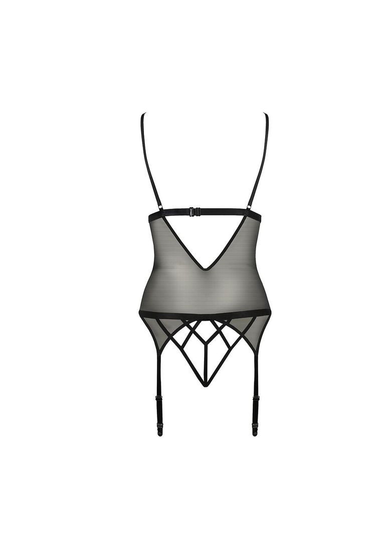 Корсет з відкритими грудьми DIABOLINA CORSET S/M, black, пажі, трусики, напівпрозорий Passion (369951860)