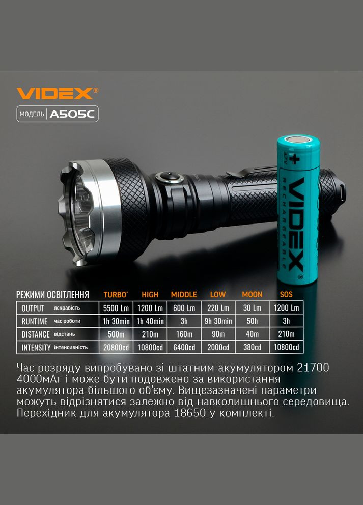 Светодиодный фонарик VLFA505C 5500Lm 5000K с дальностью света до 500 м Videx (282313017)
