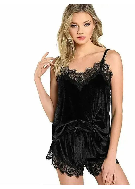 Чорна всесезон жіночий велюровий домашній комплект майка та шорти No Brand Піжама