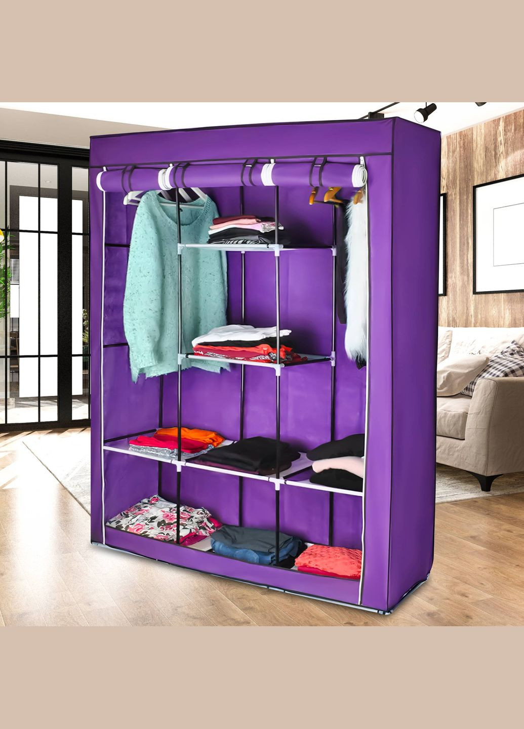 Складной каркасный тканевый текстильный шкаф на 3 секции Storage Wardrobe 88130 Фиолетовый (N-14) No Brand (337515027)