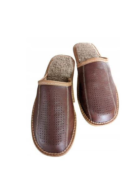 Коричневые домашние тапочки, кожа, шерсть 400438401 коричневый Highlander