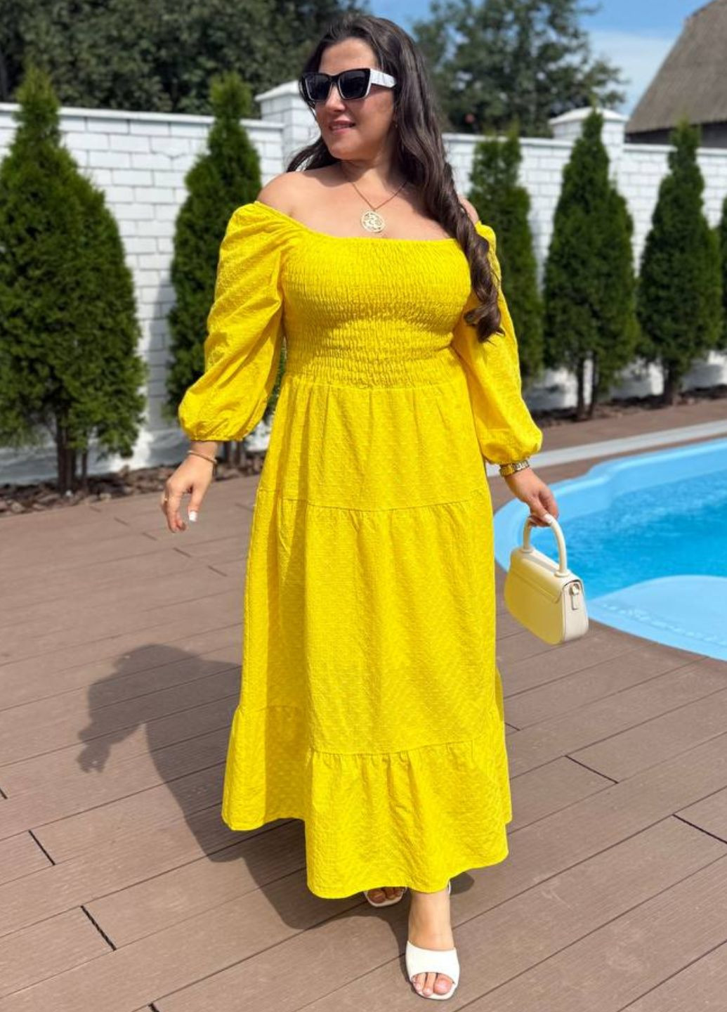 Желтое повседневный изысканное легкое летнее макси платье прошва с подкладкой и длинными рукавами фонарик Tik-Tak однотонное