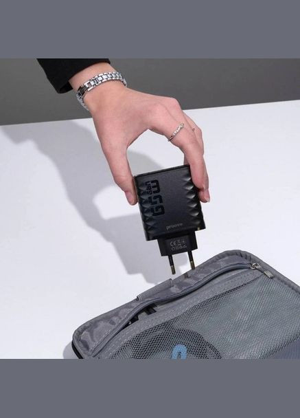 Зарядний пристрій — швидкий блок Speed Surge Gan 65 W (USB + 2 Type-C) чорний Proove (293345440)