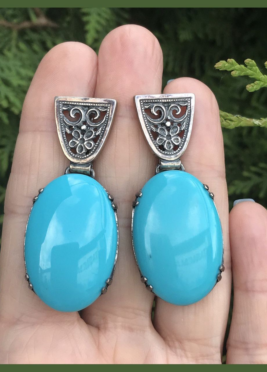 Сережки срібні ексклюзивні з бірюзою 2477с No Brand (316397865)