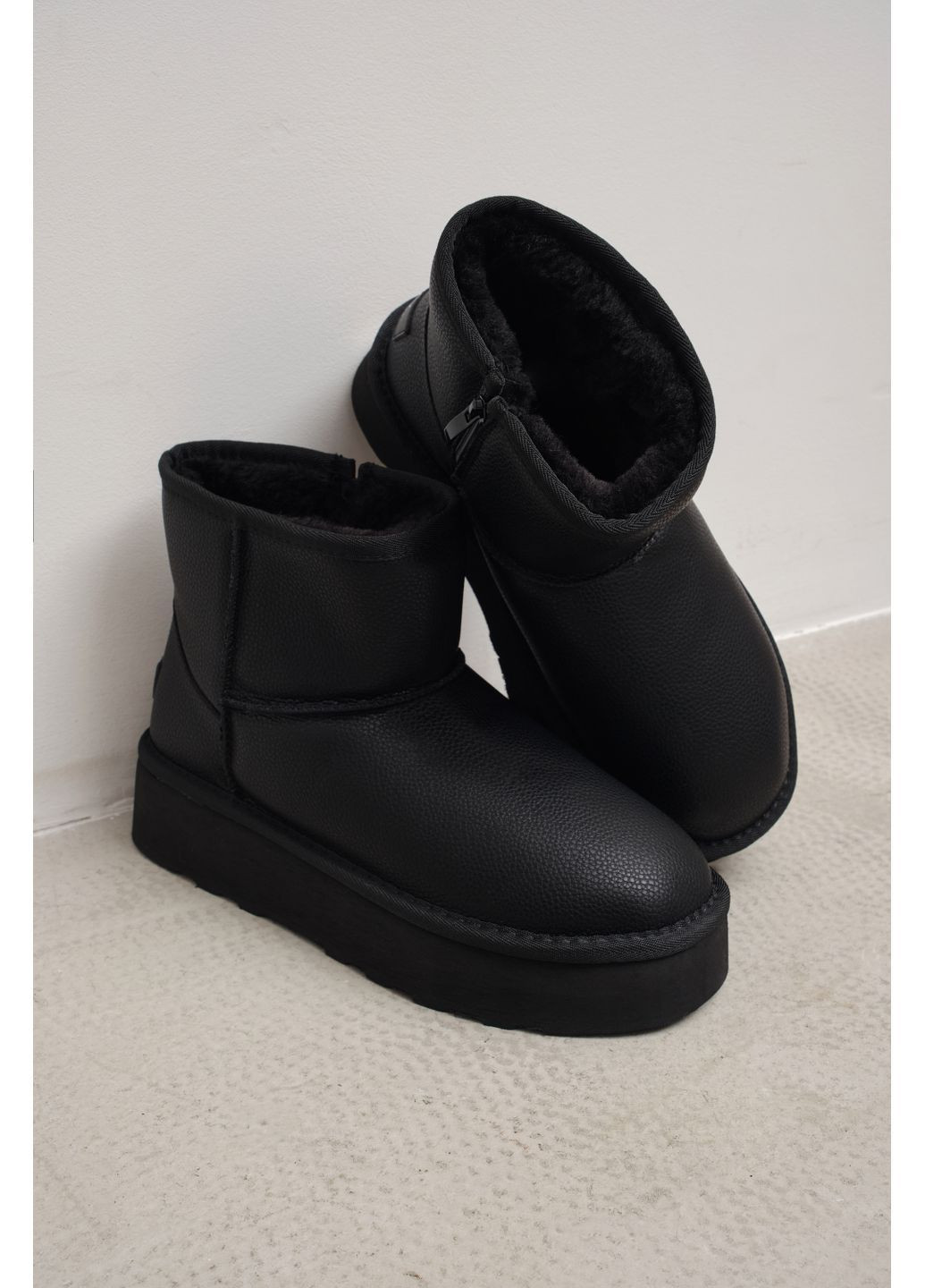 Зимові чорні шкіряні уггі з флотар на високій підошві з боковою змійкою, стильне та тепле взуття для щоденного носіння PL PS (363984986)