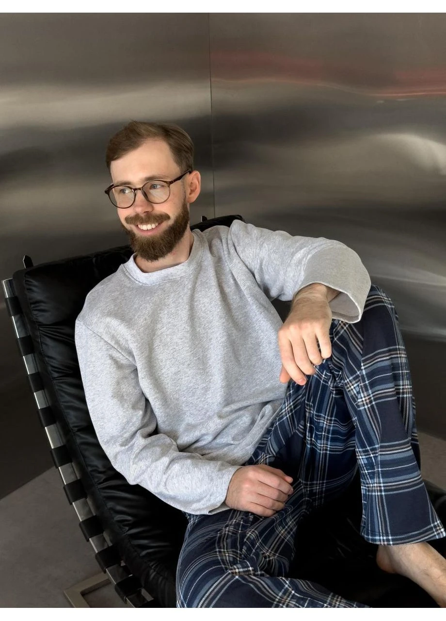 Пижама "Скандинавия NEW" теплая с начесом (штаны+лонгслив), клетка синяя Cosy (386864042)
