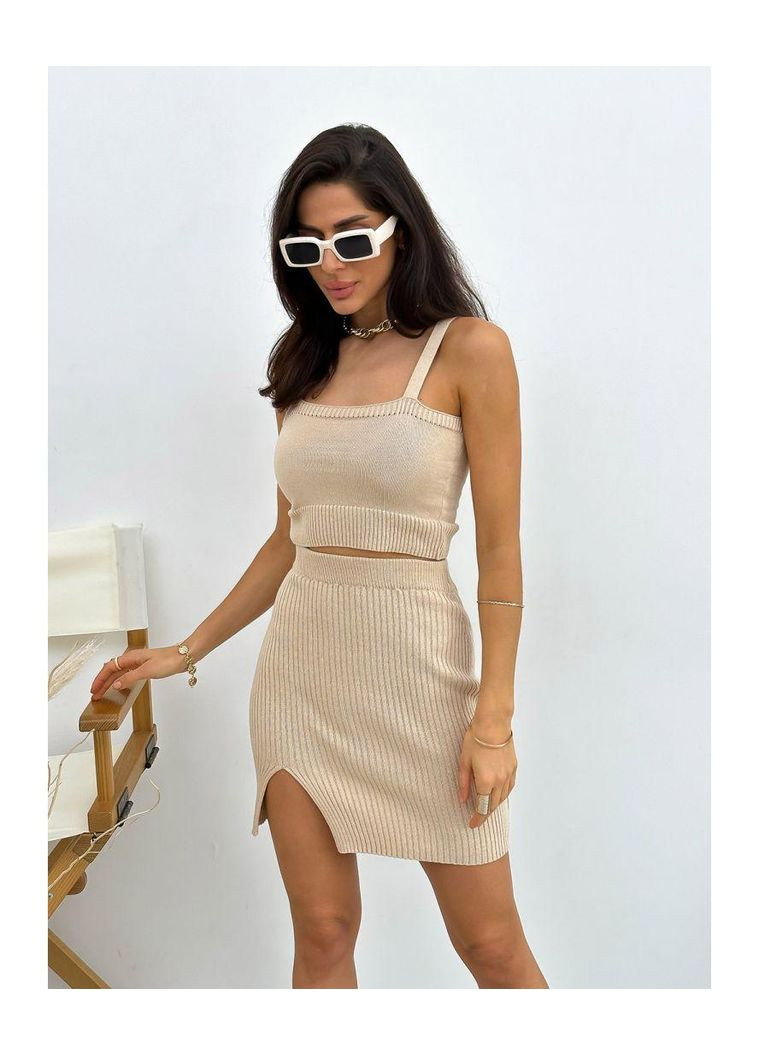 Бежевая кэжуал однотонная женская юбка с разрезом joy Art Knit