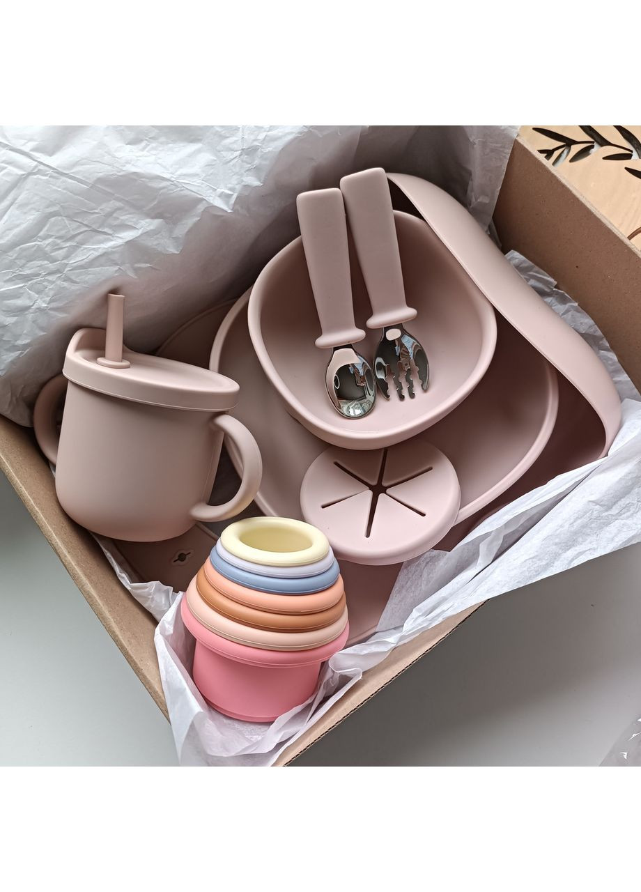 Силіконовий посуд для дівчинки 8 в1- комплект на присосках Пудра (0308) No Brand (370439305)