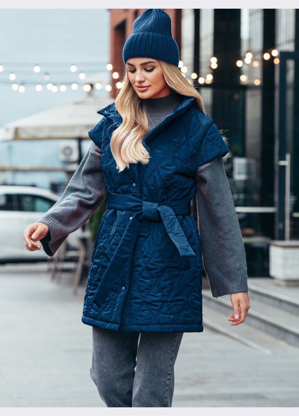 демісезонний жилет із поясом кольору темно-синій Dressa (308202113)