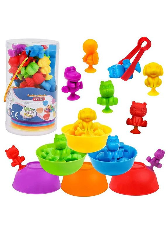 Дитяча розвиваюча гра сортування Монтесорі Сортер на присосках по кольорам з пінцетом та тарілочками Тварини 36 шт. No Brand (302672342)