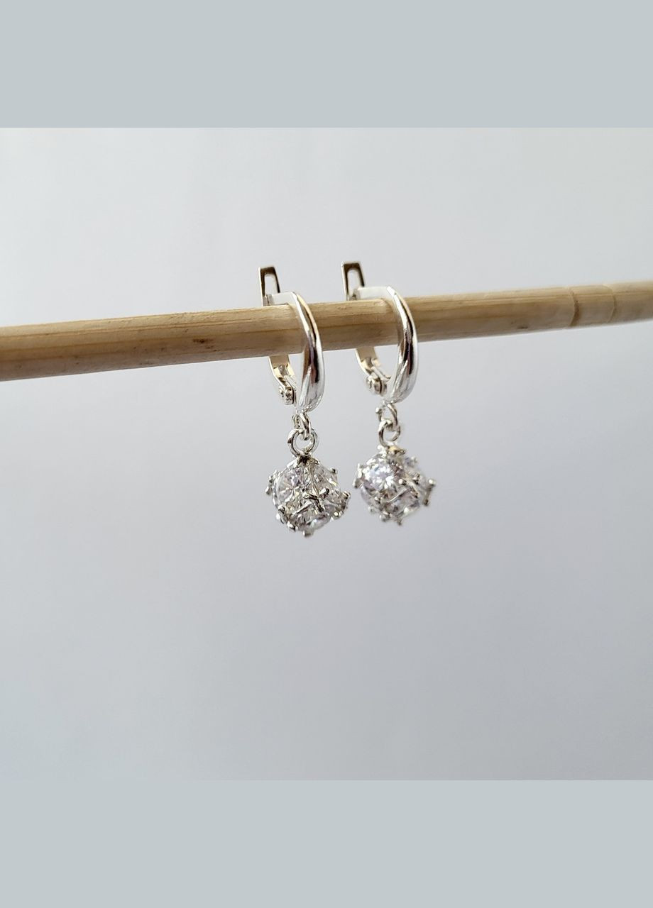 Срібні сережки з підвіскою Кулька в Білих каменях срібло 925 проби Родоване 56093р 4.20г No Brand (331148493)