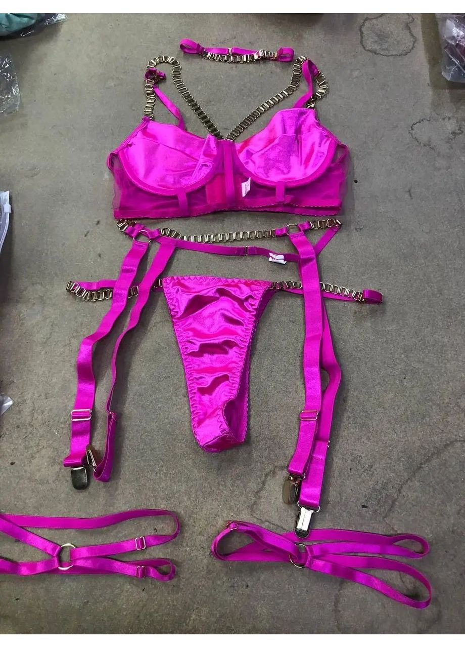 Фуксиновий (колору Фукія) демісезонний оригінальний дивовижний комплект білизни sweet berry, жіночий комплект бюстгальтер+пояс з гартерами+трусики-стрінги No Brand комплект білизни Sweet Berry чорний