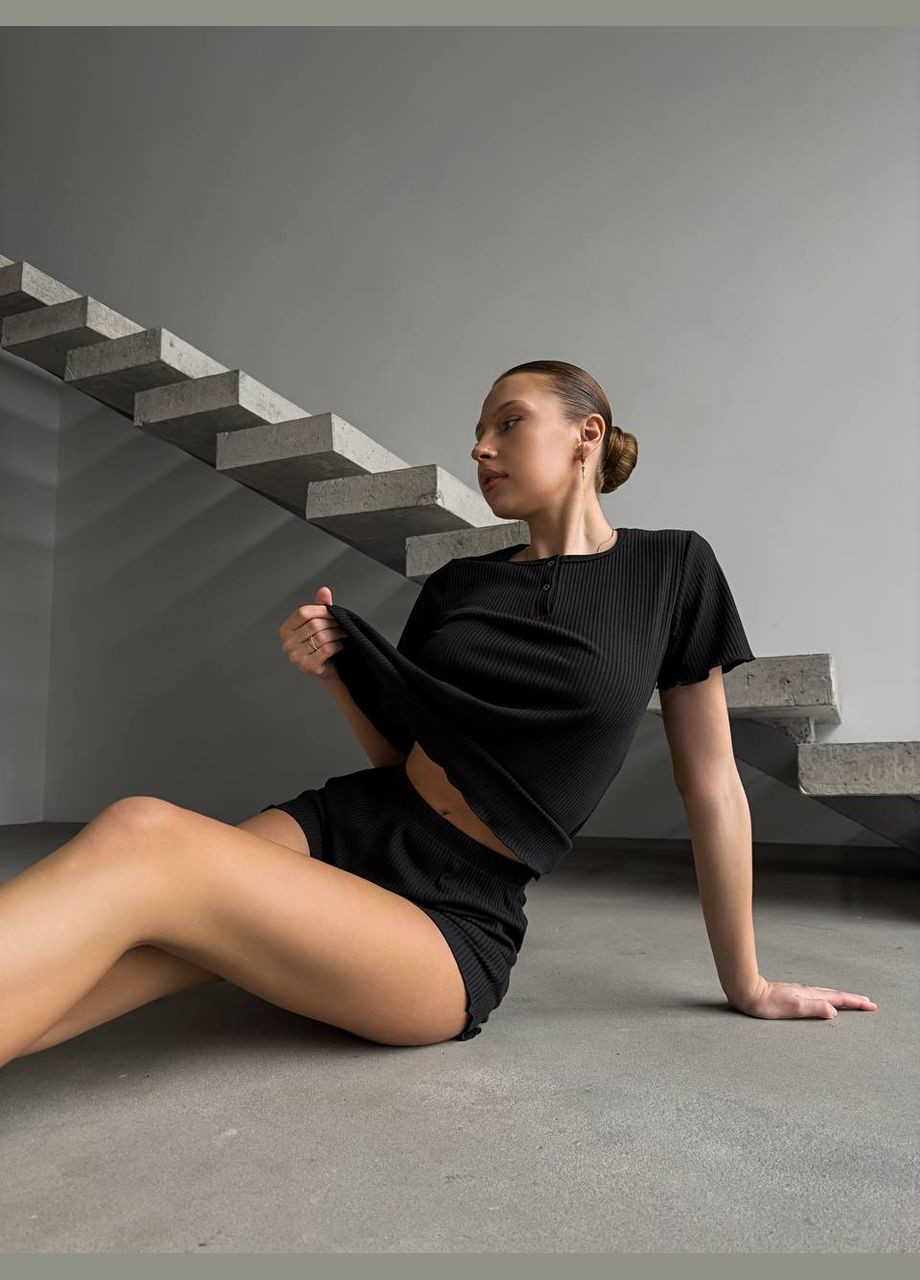 Чорна жіноча піжама в рубчик, піжамний комплект шорти, футболка та штани, чорна піжама для жінок 3в1 No Brand