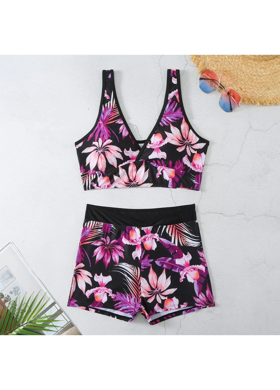 Розовый летний раздельный купальник из качественного быстросохнущего эластана с ярким принтом. раздельный купальник топом и шортиками China