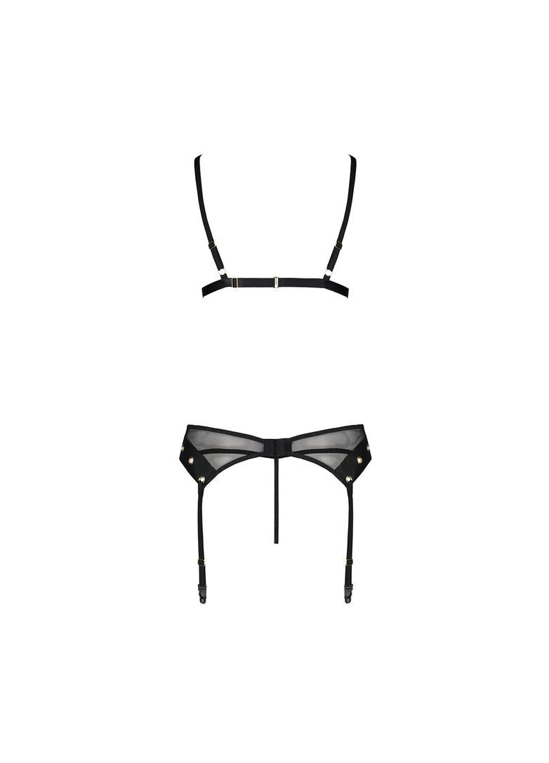 Комбинированный демисезонный комплект белья nessy set xxl/xxxl black, бюстгальтер, пояс для чулок, стринги Passion