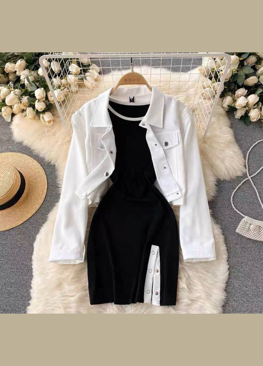 Чорно-білий повсякденний, кежуал, джинсова сукня+жакет жіноча No Brand однотонна