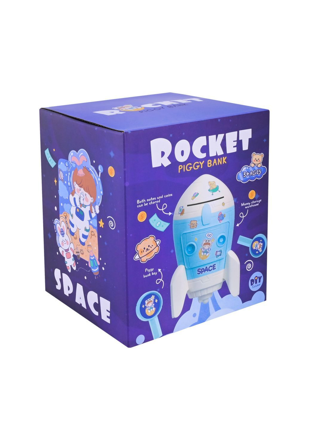 Дитячий іграшковий сейф у формі ракети з купюрами та наклейками в коробці - No Brand 10001A (371928217)