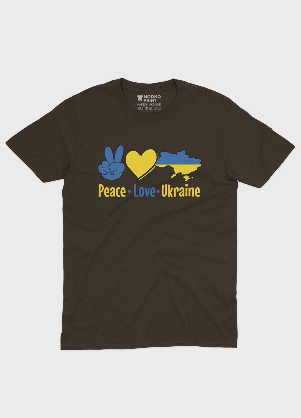 Коричнева літня жіноча футболка з патріотичним принтом peace love ukraine (ts001-2-dch-005-1-040-f) Modno