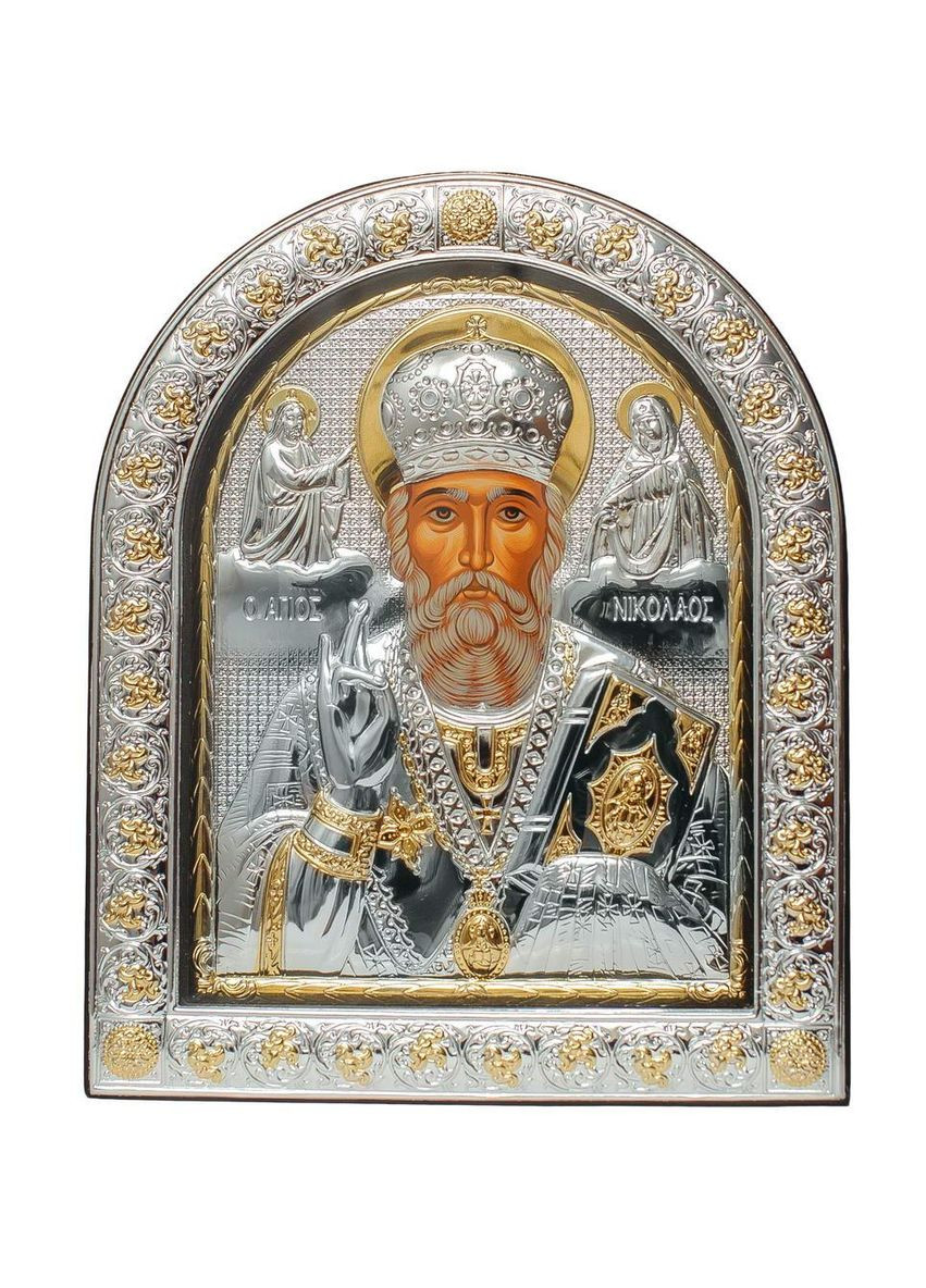 Святий Миколай 21х26 см, Срібна Ікона під Склом обтягнута темною шкірою (Греція) Silver Axion (266266157)