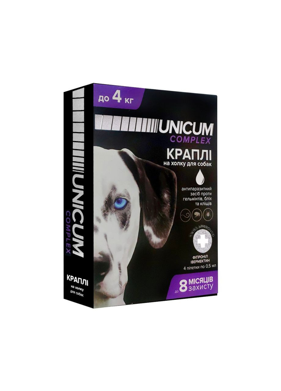 Краплі від бліх, кліщів та гельмінтів на холку для собак Unicum COMPLEX 0-4 кг (івермектин+фіпр.) Lucky Star (362916150)