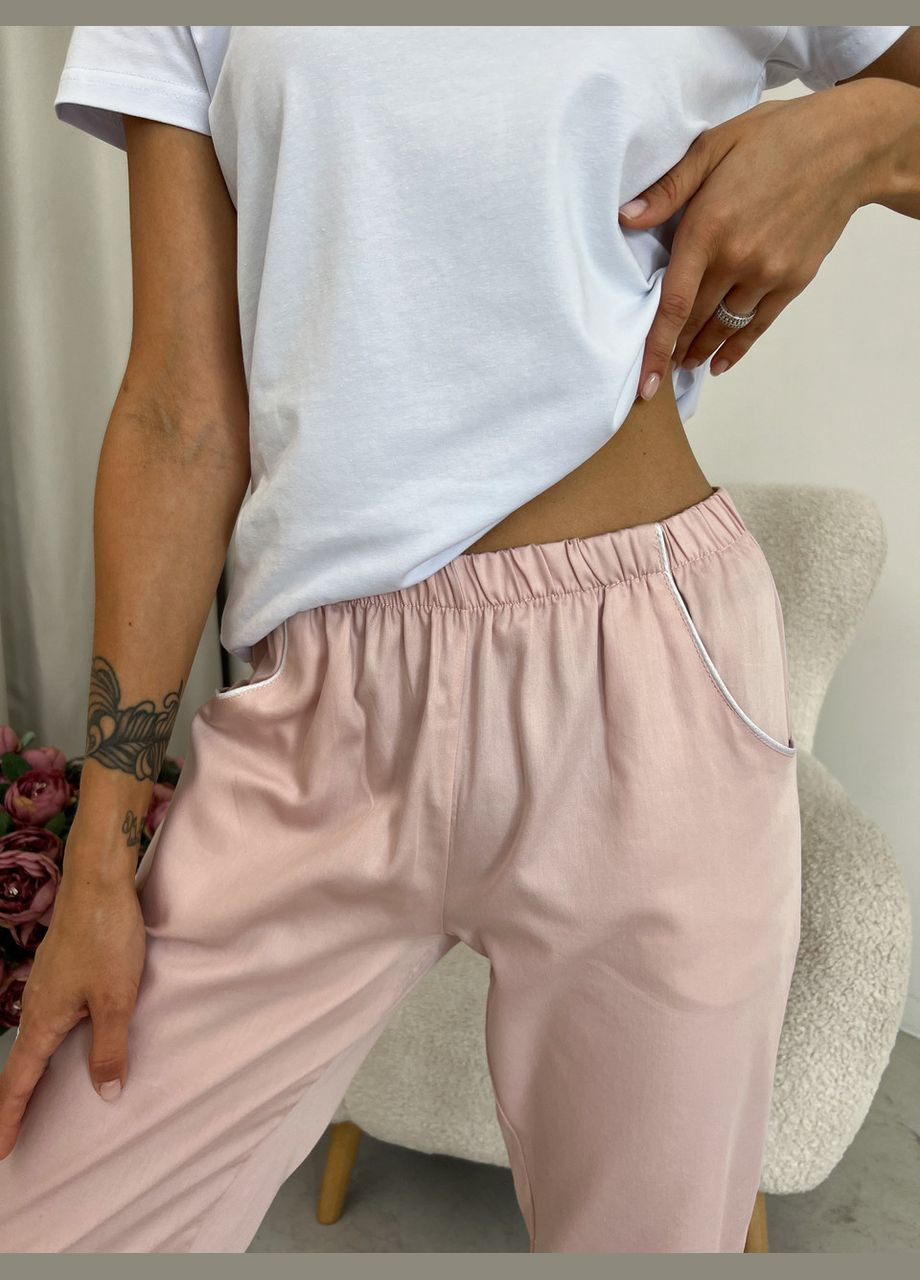 Комбінована жіноча піжама футболка + штани пудровий з білим (вк4306в-4-01) Cosy