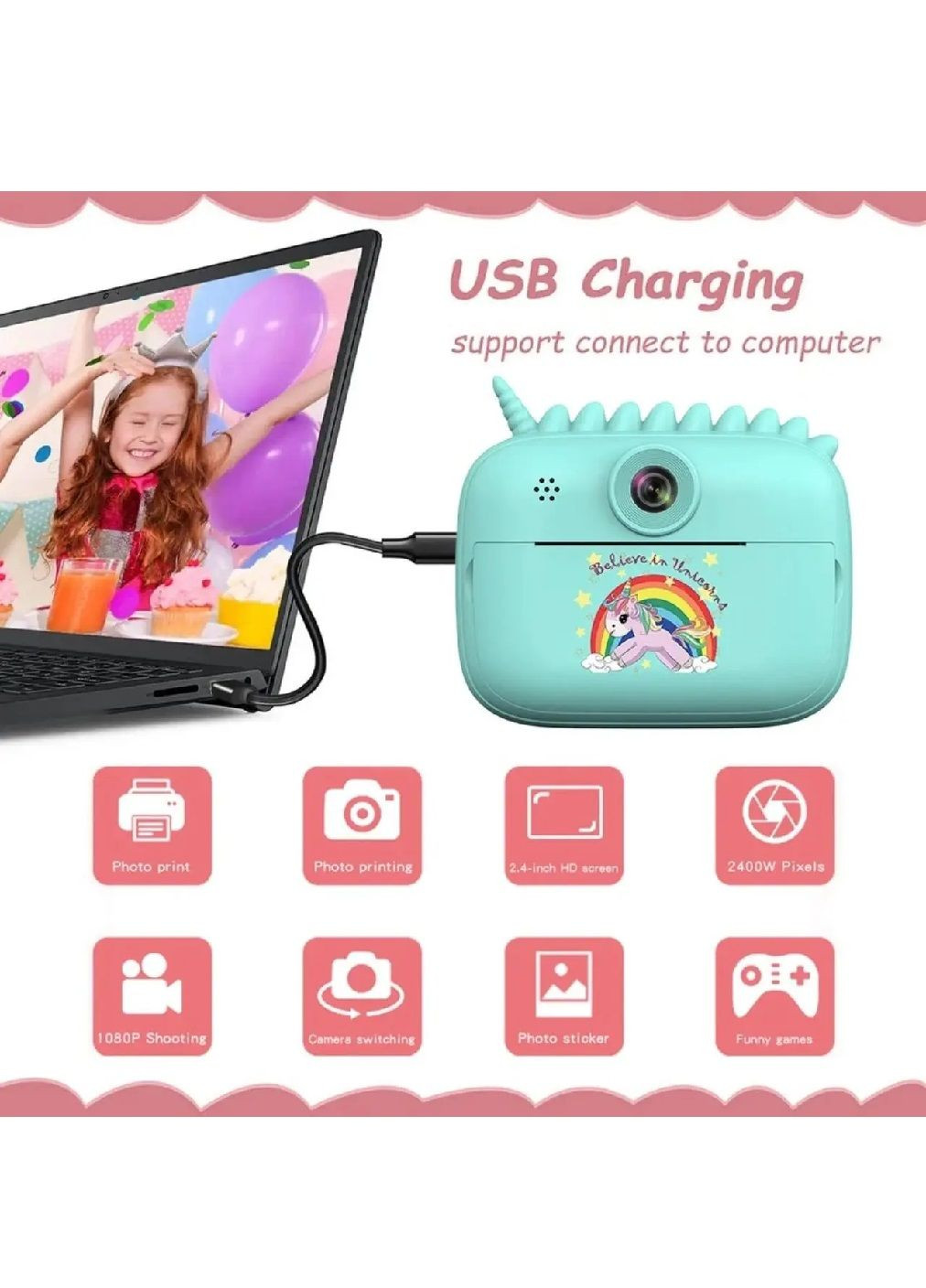 Детский аккумуляторный развивающий фотоаппарат с термо печатью рулонами 2 шт (478051-Prob) Единорог бирюзовый Unbranded (302232319)