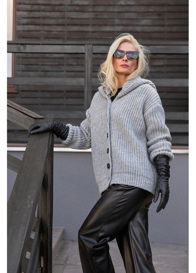 Серое зимнее Женское вязаное пальто с капюшоном (2917) Triko Bakh