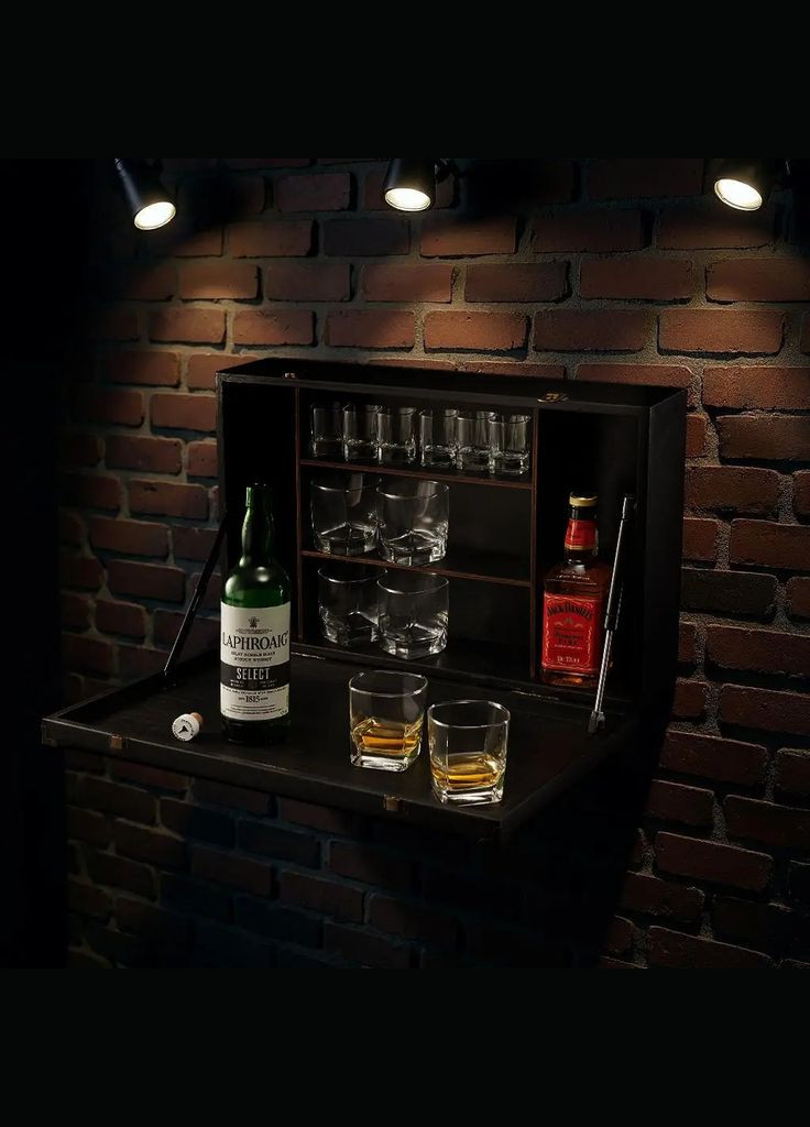 Настіний міні-бар з склянками на 6 осіб | Стильна прикраса для робочого кабінету Handmade MB2 (348430456)