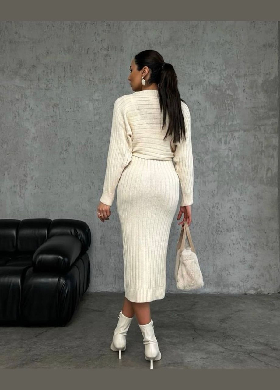 Бежевый демисезонный элегантный бежевый универсальный комплект (платье-миди+свитер) из турецкой ткани, демисезонное платье+свитер No Brand 1593