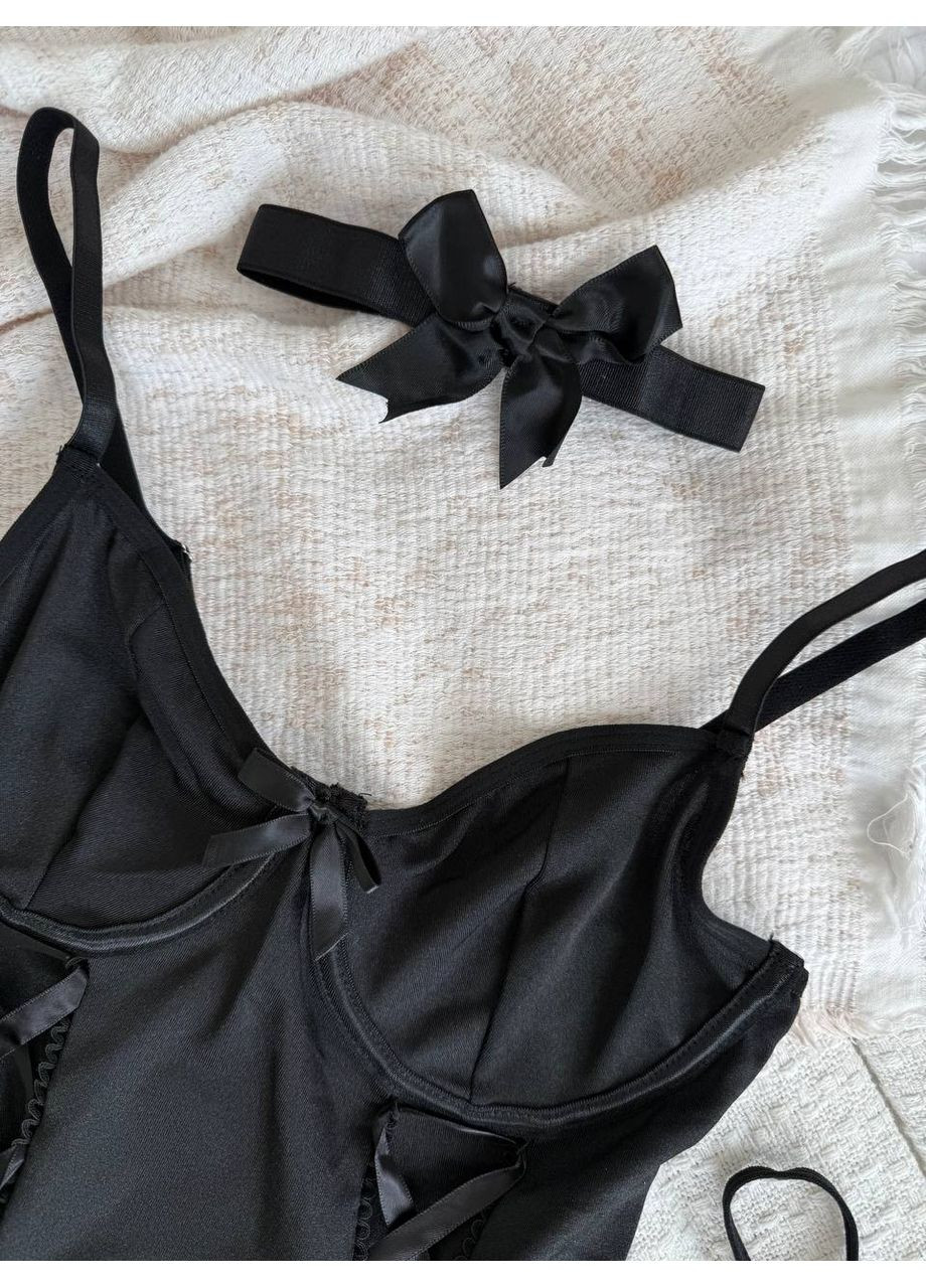 Чорний демісезонний ефектний корсетний комплект з панчохами та чокером Vakko