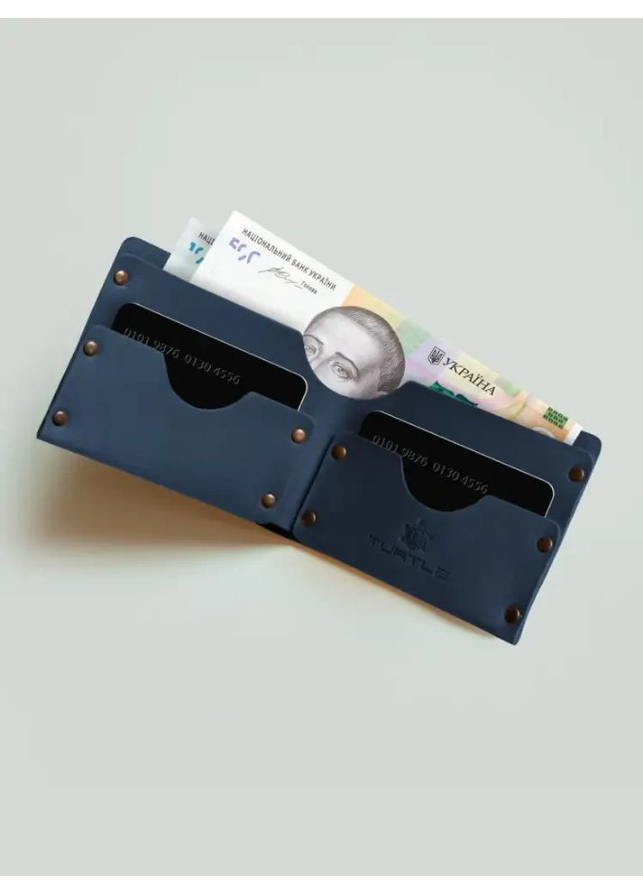 Гаманець на заклепках Шолом жаху натуральна шкіра Crazy horse з відділеннями для карток Синій Turtle (367726198)