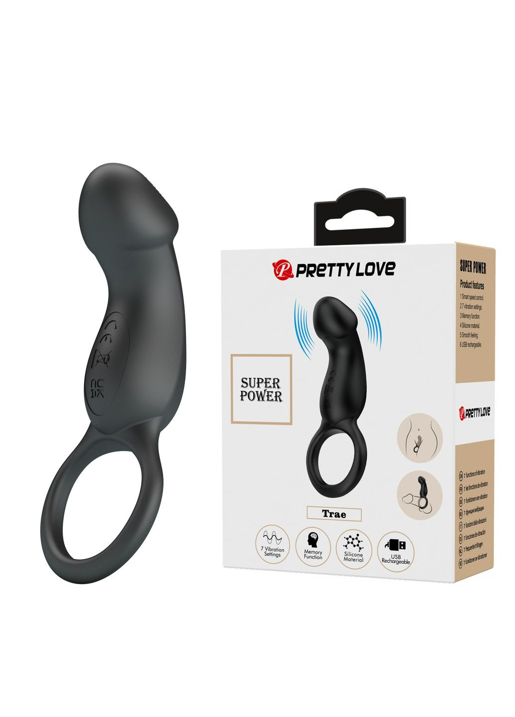 Ерекційне кільце Trae з вібростимулятором, чорний, 11.2 х 2.7 см Pretty Love (361670447)