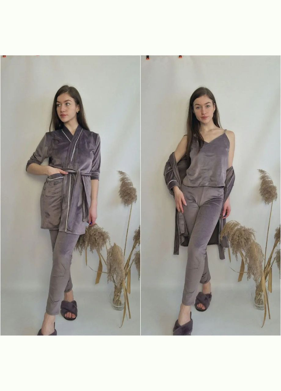 Кавова всесезон жіночий піжамний комплект одягу (халат, штани, майка) кавового кольору No Brand