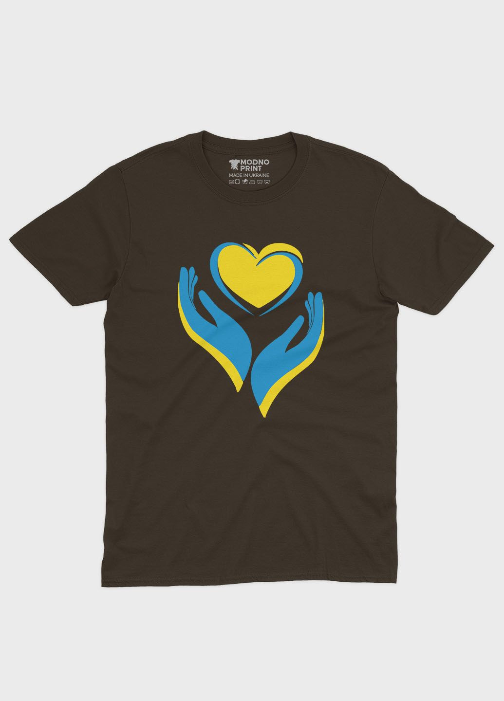 Коричневая мужская футболка с патриотическим принтом сердце и лодони (ts001-2-dch-005-1-029) Modno