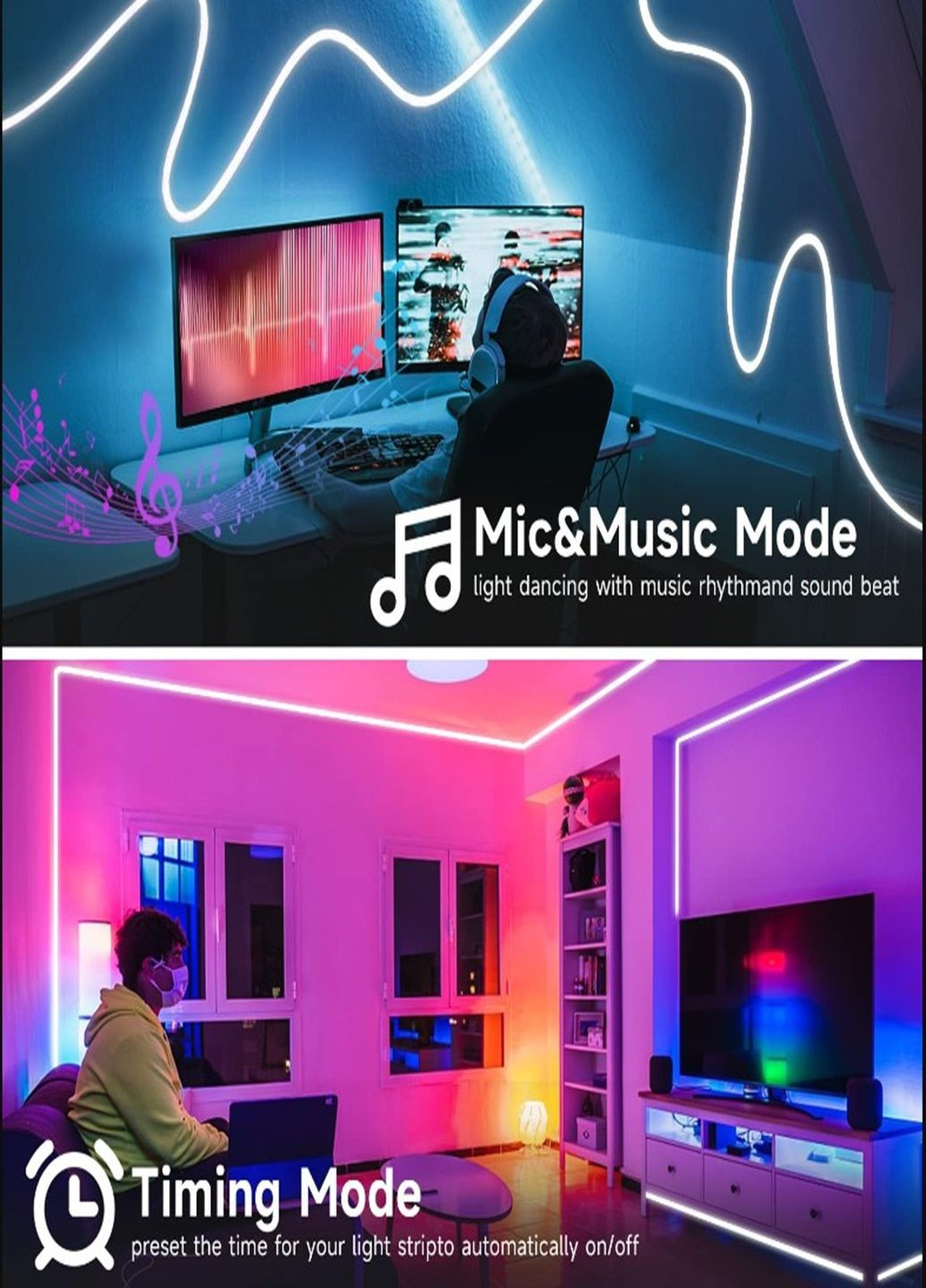 Інтелектуальна неонова світлодіодна із синхронізацією музики з мікрофоном LED Стрічка RGB Color RGB з Wi-Fi або Bluetooth 5 м No Brand (285771250)