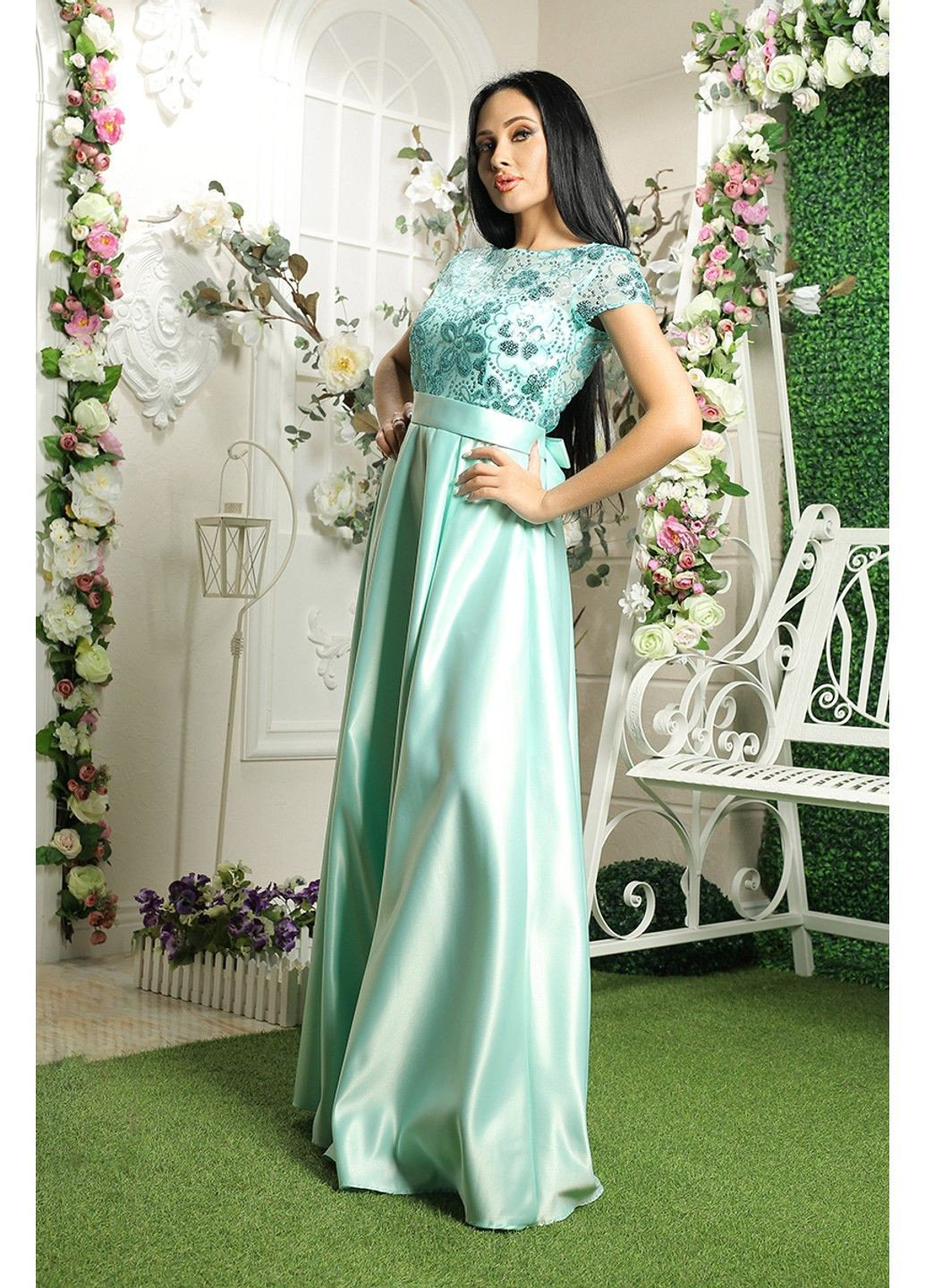 Бирюзовое вечернее платье атлас паетка 8052 мята Tanita-Romario