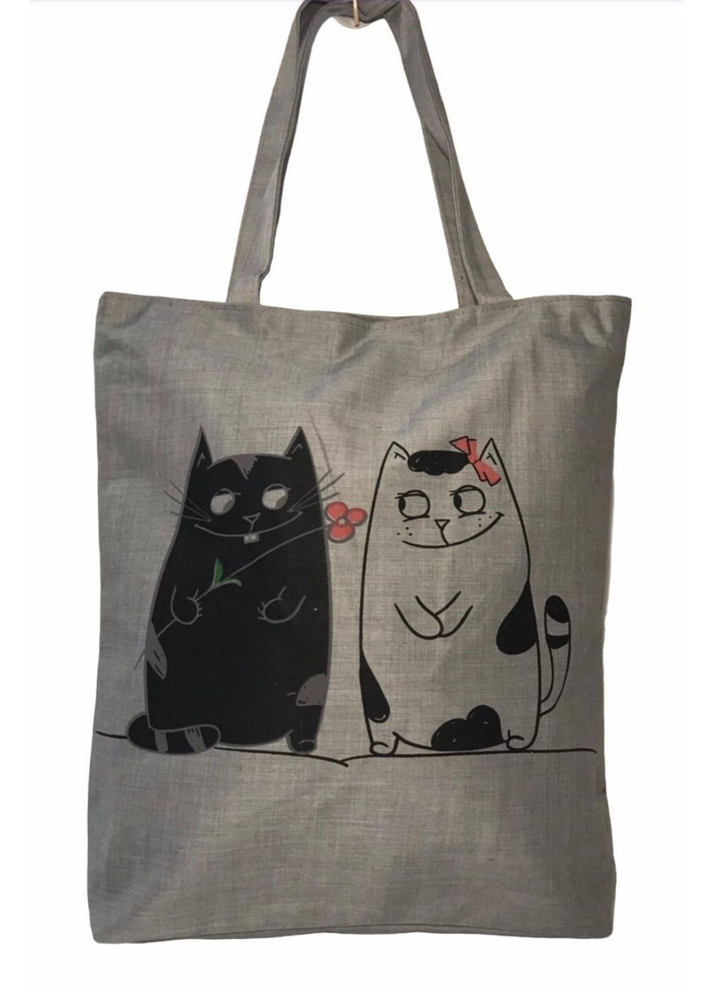 Сумка шопер жіноча з тканини повсякденна на блискавці 026 сіра два кота No Brand (369627454)