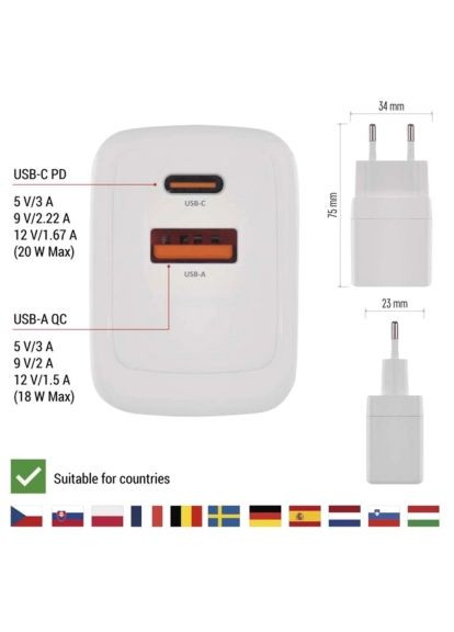 Зарядное устройство V02G20 1xUSB-A+1xUSB-C PD20W GaN (V02G20) Emos V02G20 1xUSB-A + 1xUSB-C PD20W GaN (369879092)