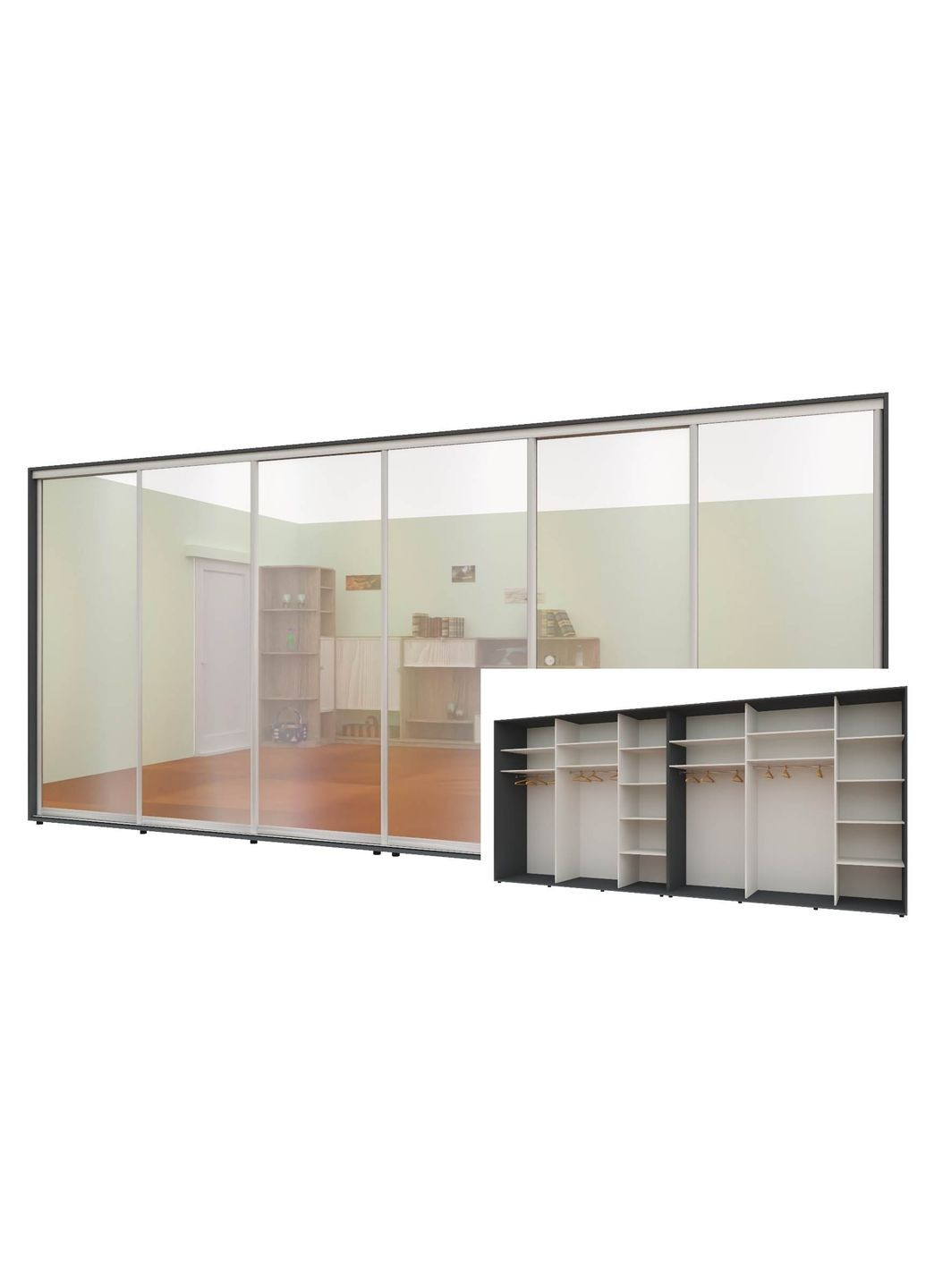 Шафа-купе шестидверна 440*60*210 см Графіт 6 дверей Дзеркало Стандарт Комфорт Меблі (360470408)