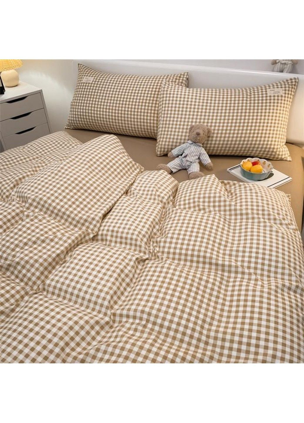 Постільна білизна двоспальна з вареної бавовни у коричневу клітинку No Brand (366964647)