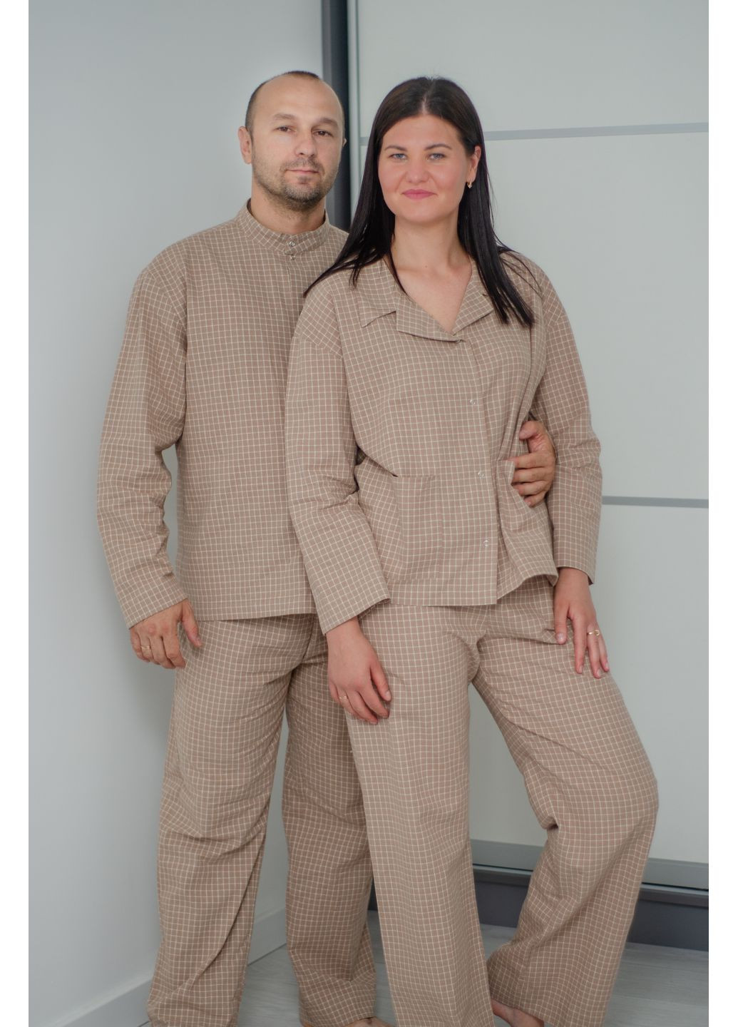 Чоловіча піжама зі стійкою у клітинку бежева з тонкої фланелі PAPLYK (361871181)