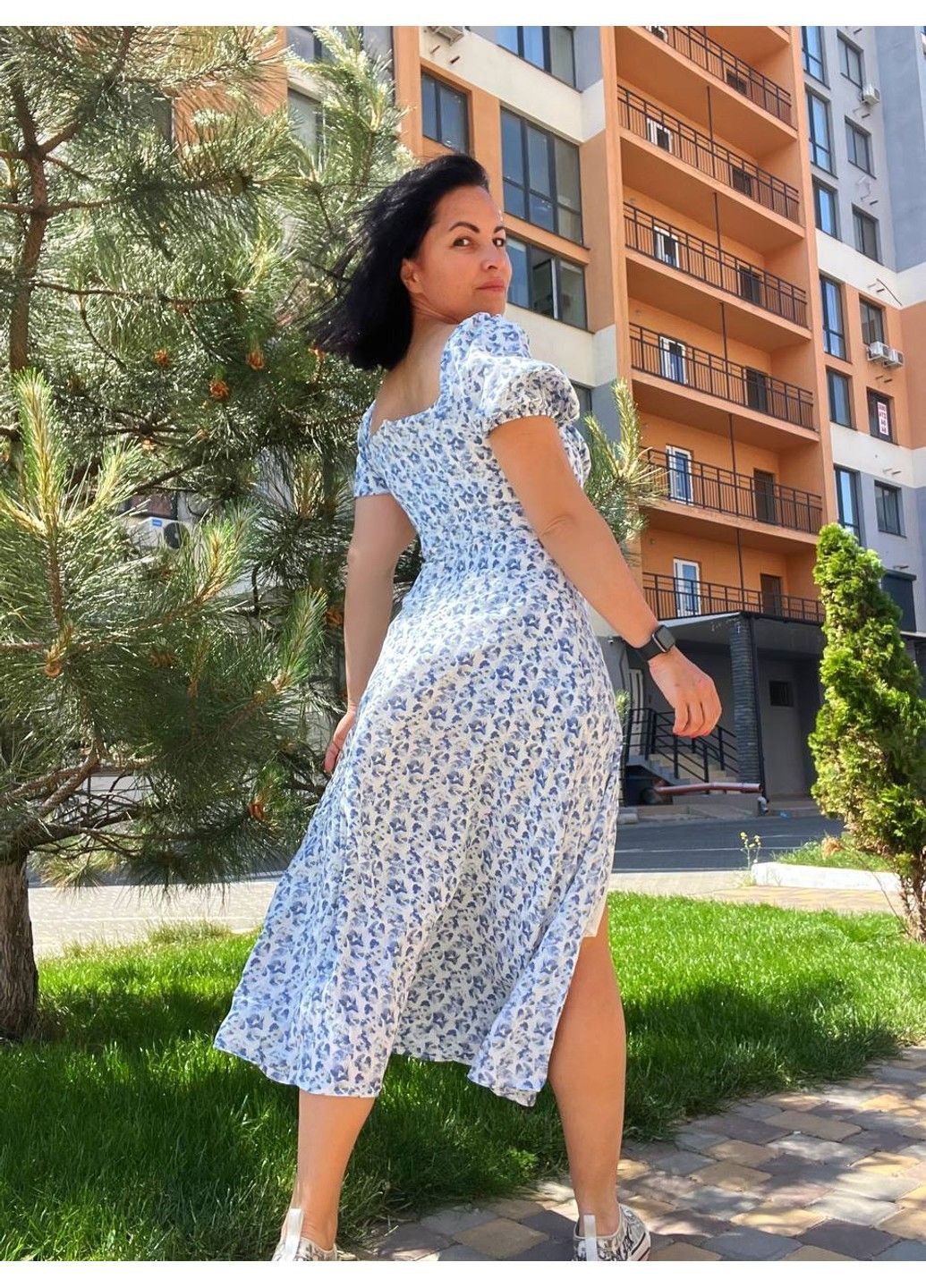 Голубое кэжуал платье женское летнее a-n 2669 цветочный принт разрез шнурок на груди длинное No Brand с цветочным принтом