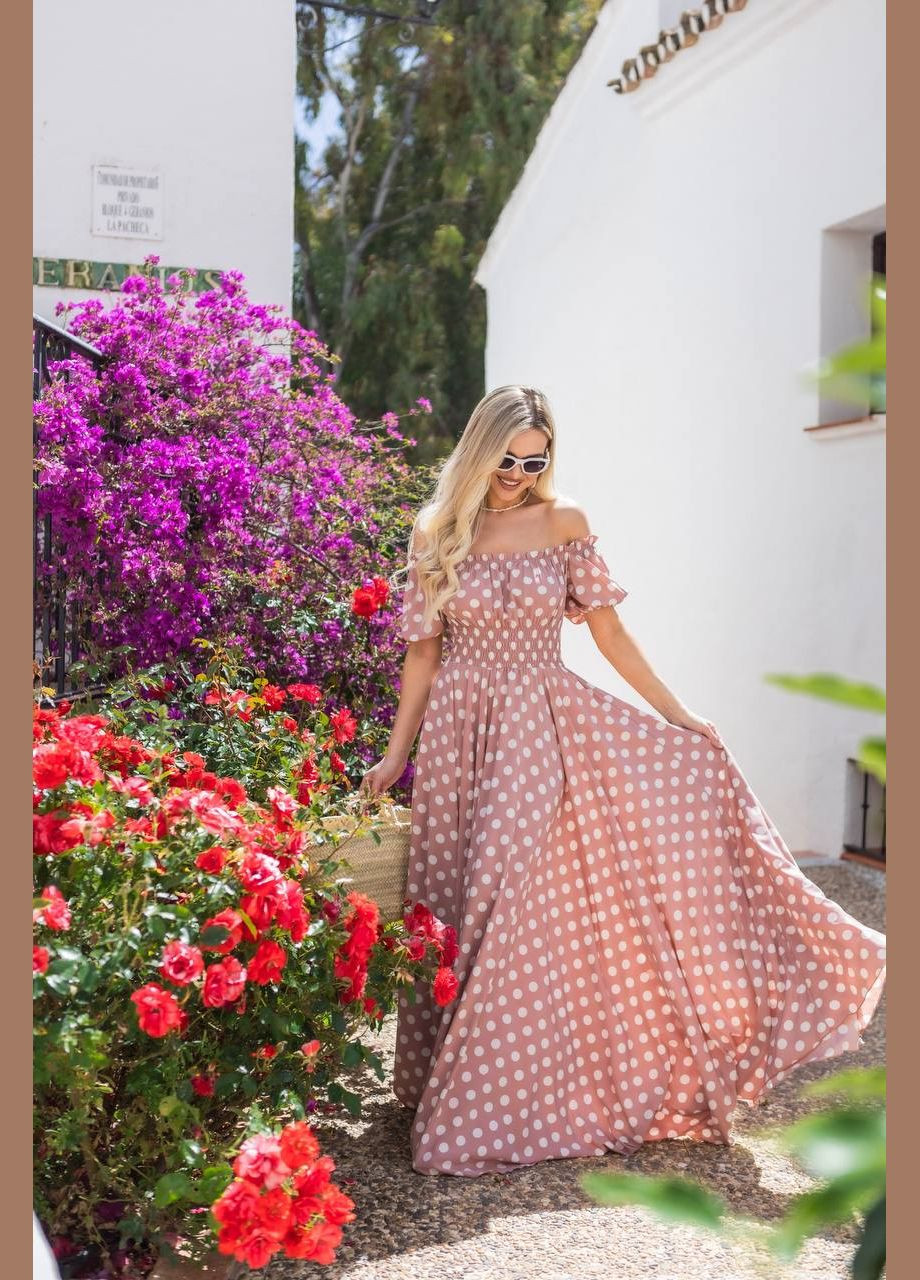 Пудрова повсякденний, вечірня, кежуал жіноча сукня з відкритими плечима Style Point з квітковим принтом